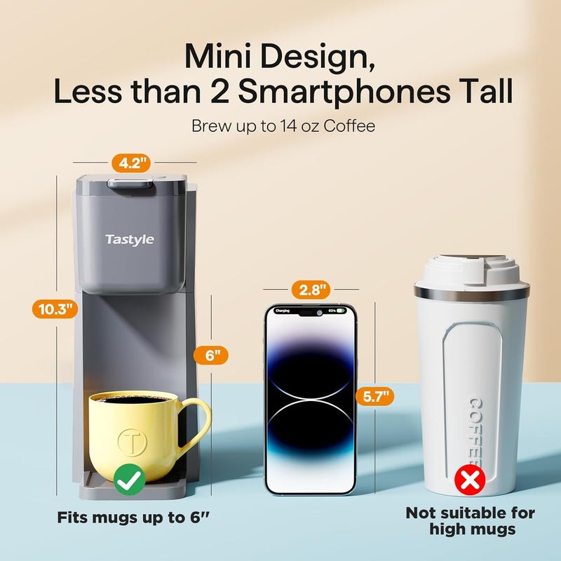 Tastyle Mini Hot and Iced Coffee Maker Single Serve, for K Cup and Ground, 6 to 14 Oz Brew Sizes, with Recipe Book, for Home, Travel, RV, Office and Dorm, Elegant Gray - Image 4